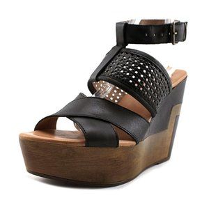 Musse & Cloud black leather platform wedge sandals